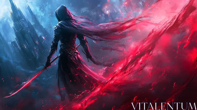 Crimson blade wanderer crossing a storm of living light.