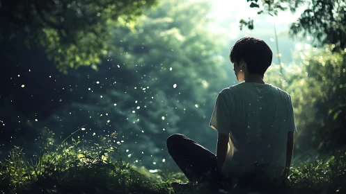 Solitary youth watches fireflies in glowing forest dusk.