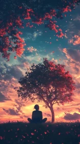 Silhouette meditating beneath crimson tree at cinematic sunset.