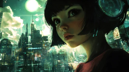 Cyberpunk city portrait with neon-lit interface detailing.
