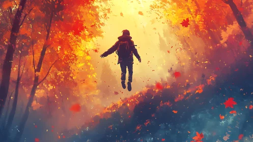 Silhouetted figure suspended in bright autumn forest light.