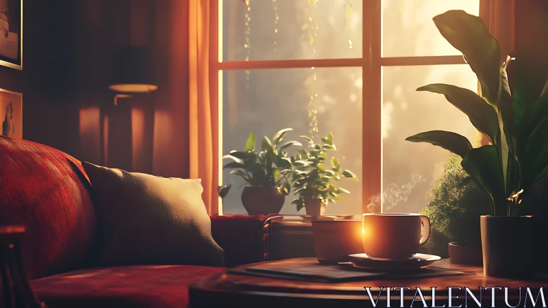 Golden hour quiet corner with plants and a warm coffee mug.