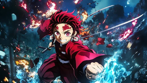 Anime swordsman advances through explosive, flame‑lit battlefield