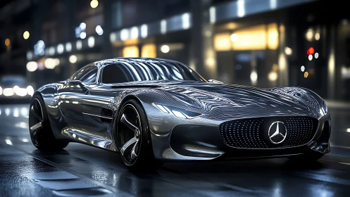 Highly reflective Mercedes concept coupe under night city lighting