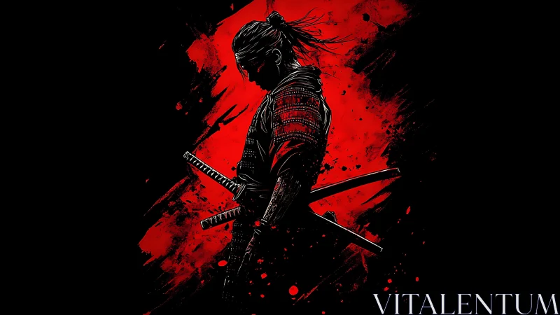 Solitary samurai silhouette over violent red splatter field.