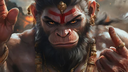 Warrior monkey god glows with firelit divine fury.