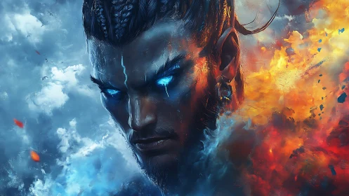 Elemental warrior between ice and fire, glowing with resolve.