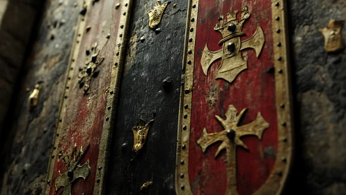 Weathered heraldic door panel showcases gilded medieval crosses