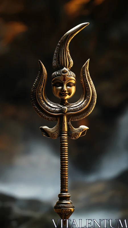 Bronze trident scepter with serene deity face and flame crest.