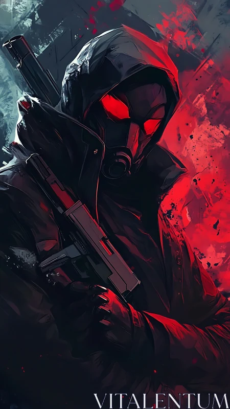 Hooded masked gunman stands in crimson backlight storm