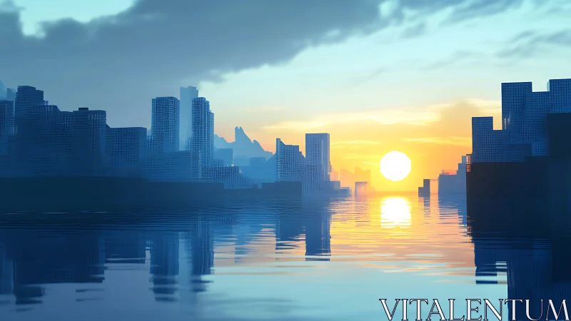 Futuristic waterfront city glows under a tranquil sunrise