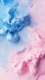 Billowing blue and pink liquid clouds flow in dreamy motion