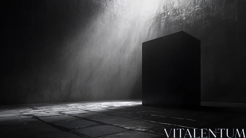 Silent black monolith rests in a shaft of searching light