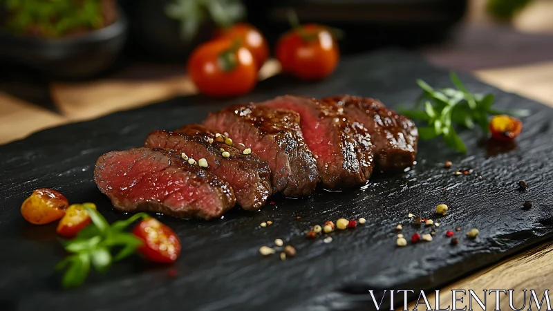 Velvet rare steak jewels on midnight slate platter.