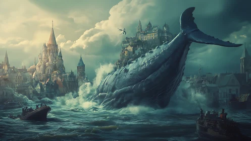 Colossal whale erupts through a flooded fantasy cityscape.