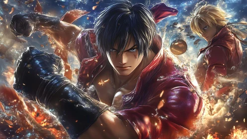 Two anime fighters punch forward through swirling energy