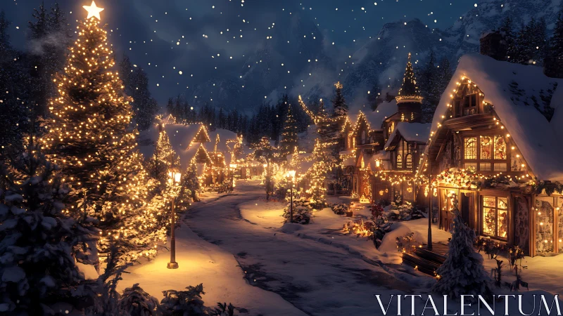 Snowy village street with warm Christmas lights at night.