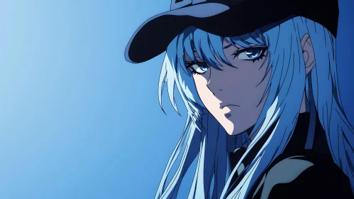 Steely blue-haired anime rebel gazes through winter light.