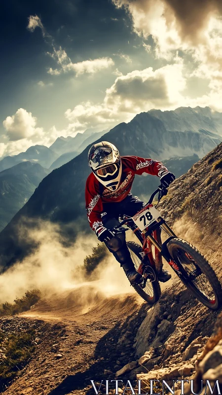 Mountain biker descending dusty alpine singletrack trail.