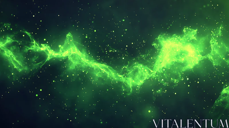 Green luminous plasma cloud with scattered glowing particles.