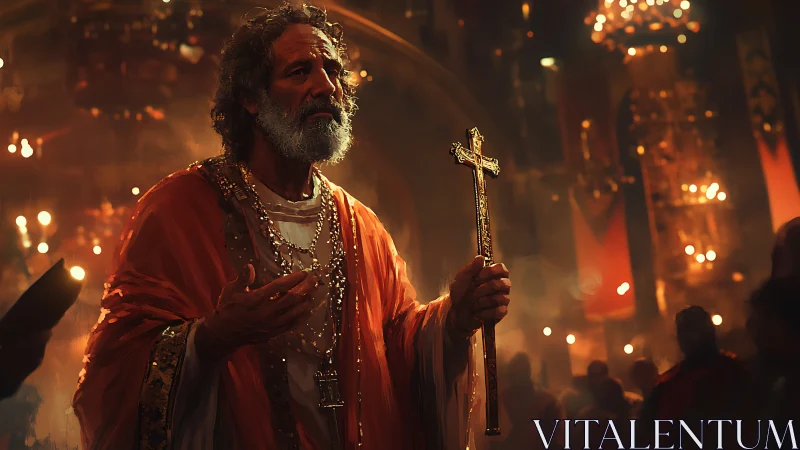 Elderly cleric in ornate vestments holds gilded processional cross