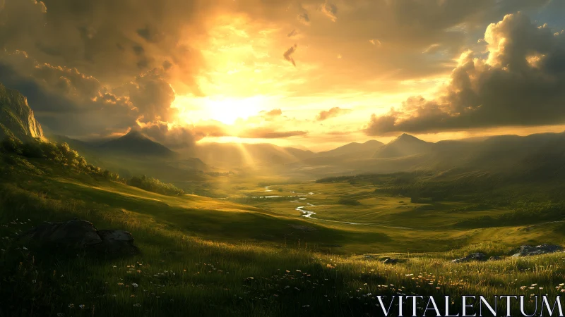 Sunlit valley river under dramatic stormlit sky at dusk.