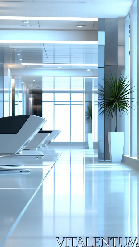 Modern corridor with lounge chairs and potted plants.