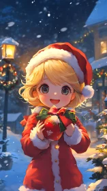 Child in Santa outfit holds ornament in snowy village street