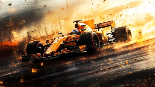 Dynamic orange F1 racer in high-impact motion blur composition.