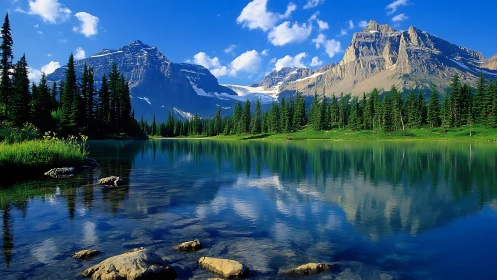 Alpine lake reflects conifer forest and stratified mountain massif