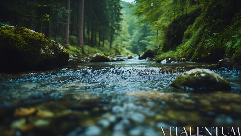 Shallow forest stream with moss covered rocks in focus.