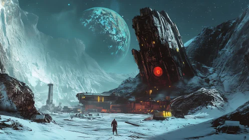 Cryogenic exoplanet outpost with monolithic crashed megastructure.