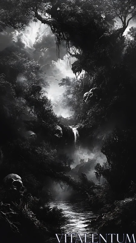 Misty Jungle Ravine with Cascading Waterfall.