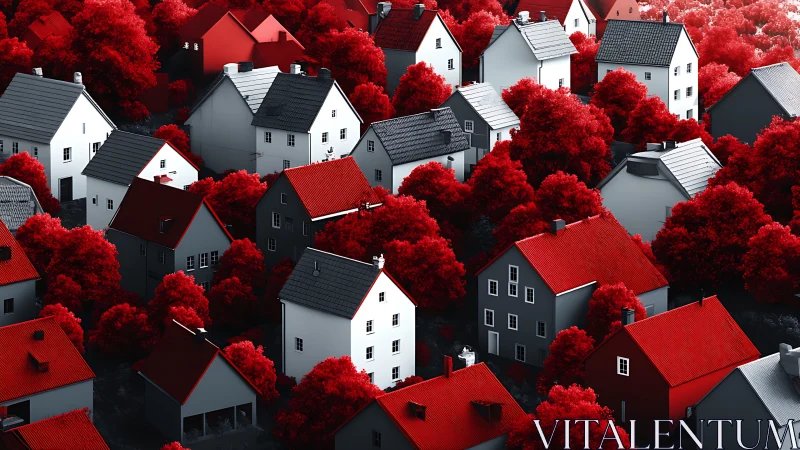 Monochrome residential blocks contrast with red foliage