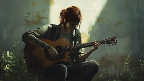 Backlit red‑haired guitarist in overgrown posturban courtyard