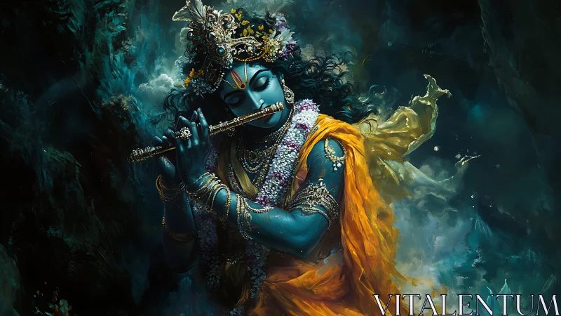 Blue-skinned figure plays flute amid swirling teal clouds