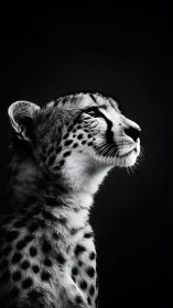 Monochrome cheetah portrait in dramatic low key lighting.