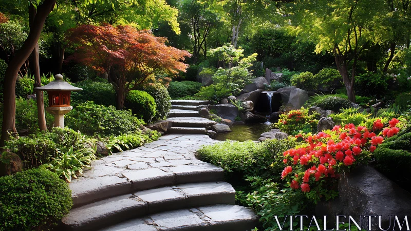 Stone garden steps wander toward a whispering koi waterfall