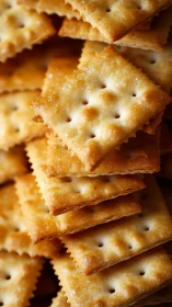 Stacked saltine crackers with perforations and golden-brown surface.