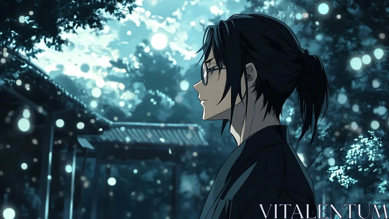 Solitary figure in moonlit garden with cinematic bokeh glow.