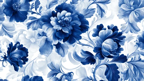 Blue and White Floral Tapestry. Classical Botanical Pattern.