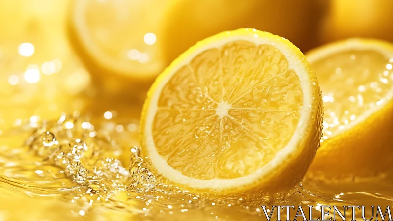 High-contrast macro study of lemon slices splashing in yellow liquid