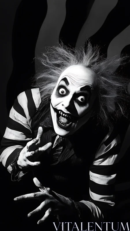 Wild-haired striped-suit ghoul lunging toward camera.