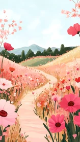 Winding dirt path passes through stylized pink flower meadow