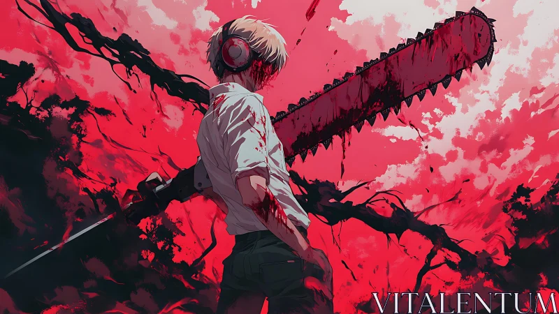 Anime action tableau with blood-soaked chainsaw hero silhouette.