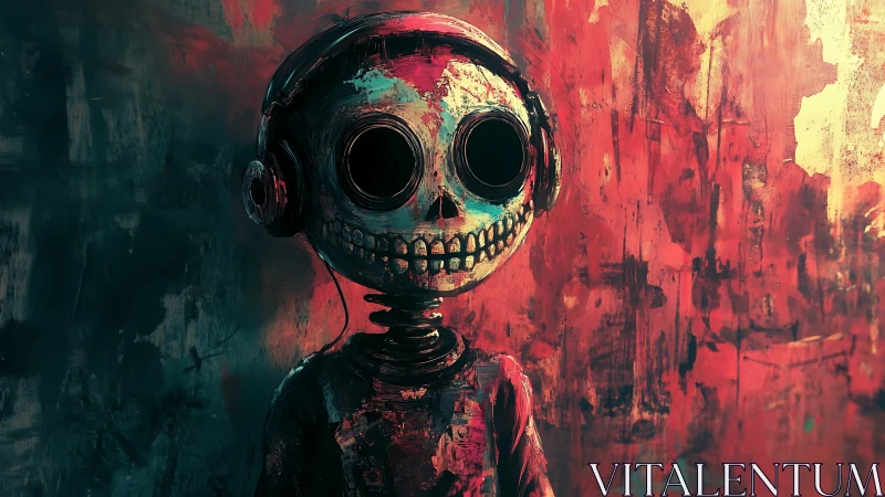 Grungy skeletal listener with headphones in high-contrast neon palette