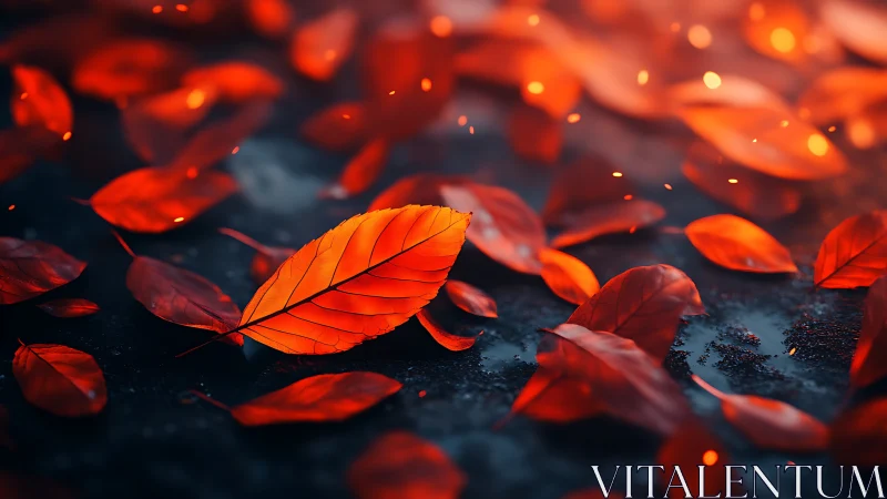Single orange leaf lies among glowing red scattered leaves
