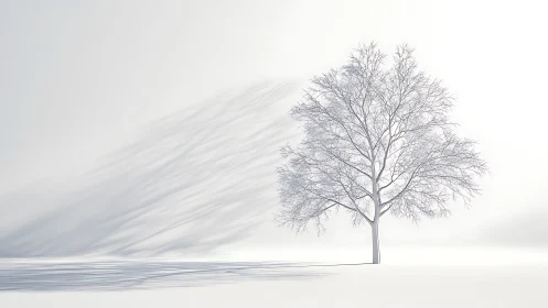 Solitary winter tree casting soft shadows on snowfield.