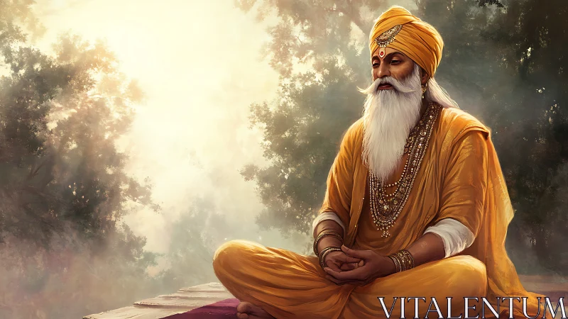 Digital painting of meditative sage in luminous forest atmosphere.