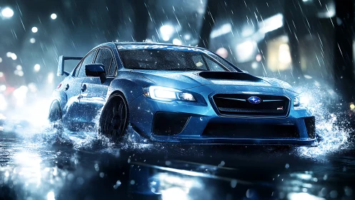 Blue Subaru WRX STI drives through heavy urban night rain